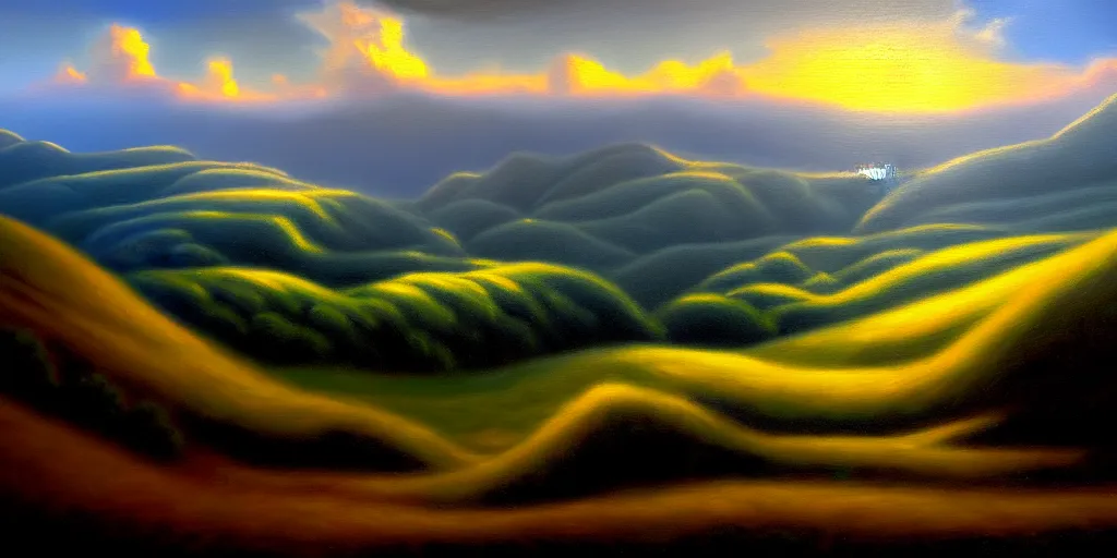 Image similar to a breathtaking landscape from a hilltop, cinematic lighting, detailed oil painting, hyperrealistic, 8k