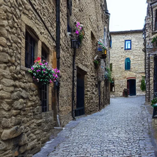 Prompt: Cobblestone walkway through a medieval street with flowers in the windows of the stone buildings on either side
