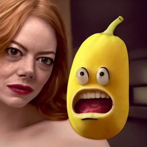 Image similar to a banana that has face of emma stone on it, dark humor, dalle 2 reference