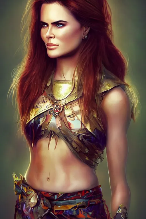 Image similar to mix of beautiful young maria shriver, mariel hemmingway, brooke shields, nicole kidman and elle macpherson as a young amazon warrior, thin lips, hair tied up in a pony tail, dark blonde hair, colorful, artstation, cgsociety