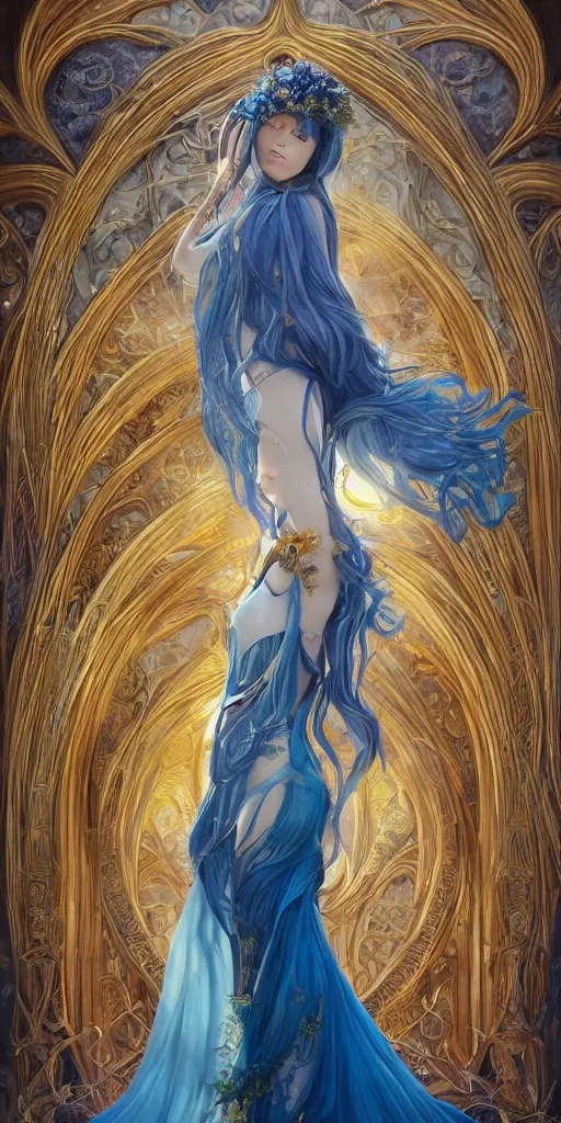 Image similar to breathtaking detailed painting by pilyeon and teffish on artstation, a full shot queen with long flowing bright blue hair, gauze dress and pastel flowers petals and golden tumultuous clouds, symmetrical facial features, at dawn in front of a pristine golden art nouveau cathedral, elegant, highly detailed, artstation, concept art, matte, sharp focus,