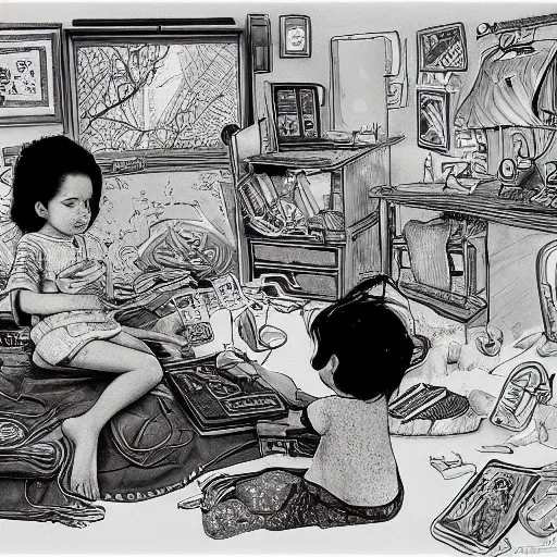 Image similar to a black and white photo, a child sits in a cluttered bedroom, in front of a computer, as their imagination spills onto the screen ond out the other side into a wave of color and magic, detailed intricate ink illustration, dark atmosphere, detailed illustration, hd, 4k, digital art, overdetailed art, concept art, by greg rutkowski, by loish, complementing colors, Trending on artstation, deviantart