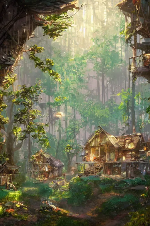 Prompt: a cheerful and whimsical ramshackle multistory hut in the woods, intricate, elegant, fantasy, highly detailed, digital painting, concept art, sharp focus, illustration, beautiful volumetric lighting, beams of light, epic light, artstation, magic hour lighting, colorful, sunshine, spring, art by Studio Ghibli