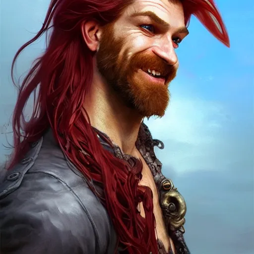 Image similar to portrait of a young ruggedly handsome but joyful pirate, male, masculine, upper body, red crimson hair, long long flowing hair, fantasy, smug smirk, intricate, elegant, highly detailed, digital painting, artstation, concept art, matte, sharp focus, illustration, art by artgerm and greg rutkowski and alphonse mucha