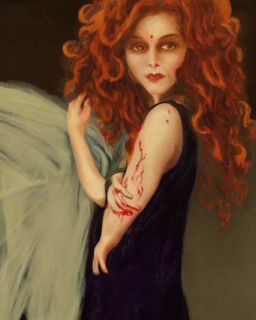 Prompt: a handsome but creepy, sinister, smiling young woman, with haunted eyes and curly hair, wearing a nightdress, 1 9 7 0 s, seventies, wallpaper, a little blood, moonlight showing injuries, delicate embellishments, painterly, offset printing technique, by brom, robert henri, walter popp