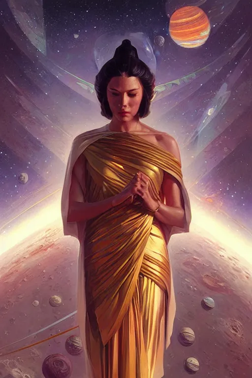 Image similar to space, temple, buddhism, futurism, painting by greg rutkowski, j. c. leyendecker, artgerm