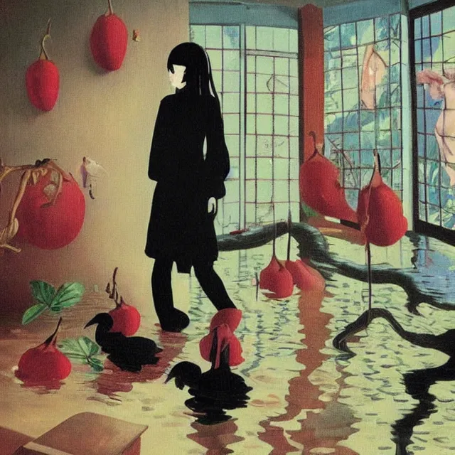 Prompt: emo catgirl artist in her flooded apartment, painting of flood waters inside an artist's home, a river flooding indoors, pomegranates, pigs, ikebana, zen, water, octopus, river, rapids, waterfall, black swans, canoe, berries, acrylic on canvas, surrealist, by magritte and monet