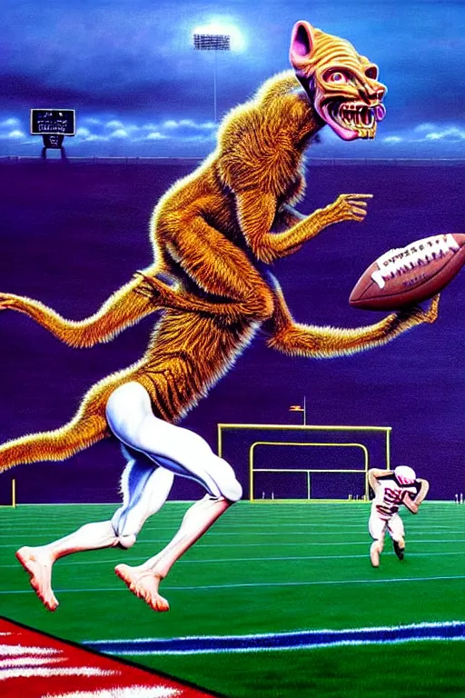 Prompt: a hyperrealistic painting of a chimeric creature scoring a touchdown on the foot ball field. cinematic horror by chris cunningham, lisa frank, richard corben, highly detailed, vivid color,