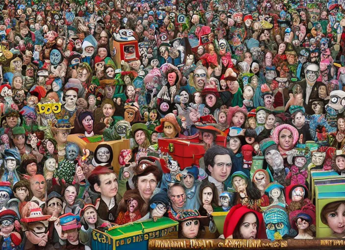 Prompt: where's waldo, lowbrow, matte painting, 3 - d highly detailed, in the style of mark ryden,