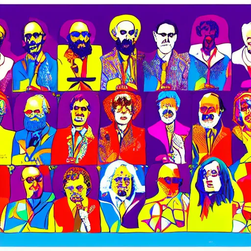 Image similar to a conference of psychedelic scientists / professors / researchers at the ohio state university in the style of peter max