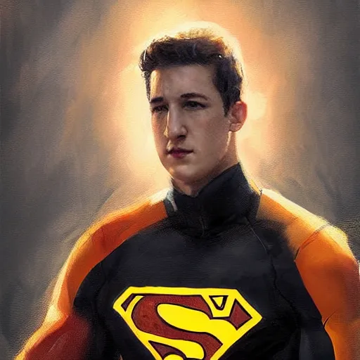 Image similar to portrait of a superhero by greg rutkowski, he looks like miles teller, he is wearing a black, orange and yellow kevlar gear, highly detailed portrait, digital painting, artstation, concept art, smooth, sharp foccus ilustration, artstation hq