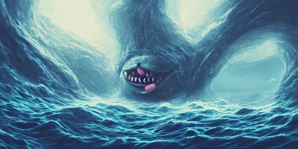 Prompt: of a stormy ocean with strange cute friendly happy creatures with huge eyes, mouth, long tongue, round teeth and goofy face, appearing from the background, in the style of gehry and gaudi, macro lens, shallow depth of field, ultra detailed, digital painting, trending artstation, concept art, illustration, cinematic lighting, photorealism, epic, octane render