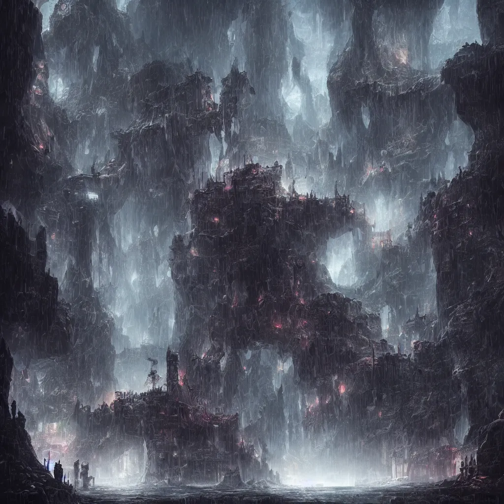 Image similar to a fantasy city built within a vast cave, illustration, raining, dark and moody lighting, digital art, fantasy, 8 k, trending on artstation, detailed