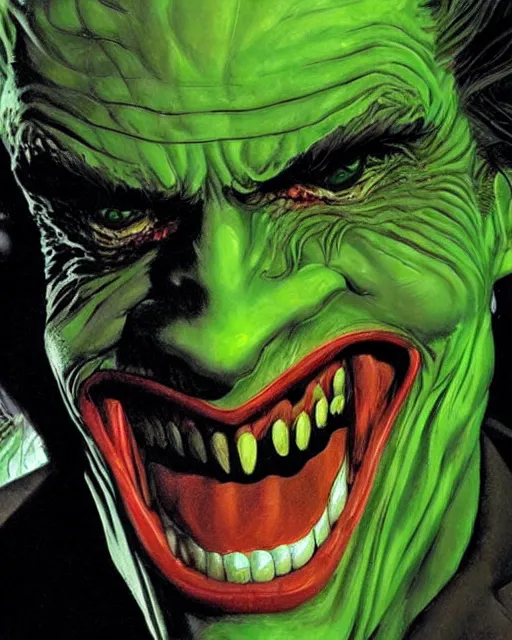 Image similar to portrait of willem dafoe green goblin as the joker, portrait photography, art by makoto shinkai and peter elson, bernie wrightson