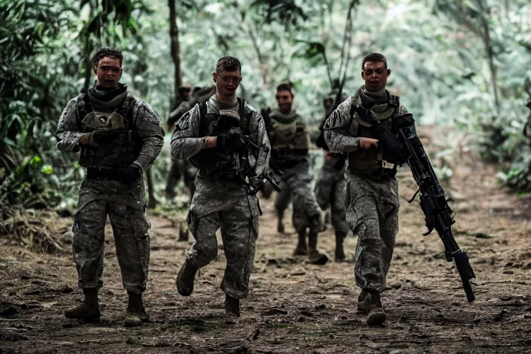 Image similar to Mercenary Special Forces soldiers in grey uniforms with black armored vest in a battlefield in the jungles 2022, Canon EOS R3, f/1.4, ISO 200, 1/160s, 8K, RAW, unedited, symmetrical balance, in-frame, combat photography