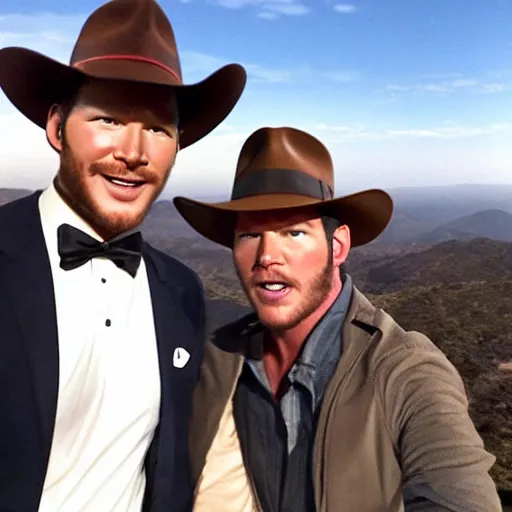 Image similar to chris pratt as indiana jones taking a selfie with harrison ford, instagram, cinematic, natural lighting, genuine smile