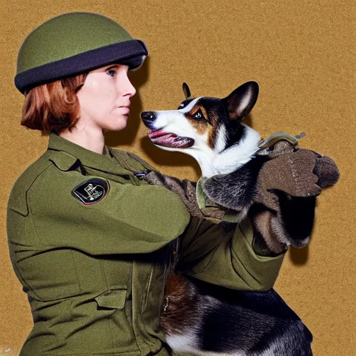 Prompt: female soldier with corgi sniffer dog, old photograph in sci-fi city digital art