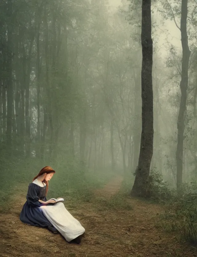 Prompt: peasant Girl in white reading a book sitting on a tree in a foggy forest, Cinematic focus, Polaroid photo, vintage, neutral colors, soft lights, by Steve Hanks, by Serov Valentin, by lisa yuskavage, by Andrei Tarkovsky 8k render, detailed, oil on canvas