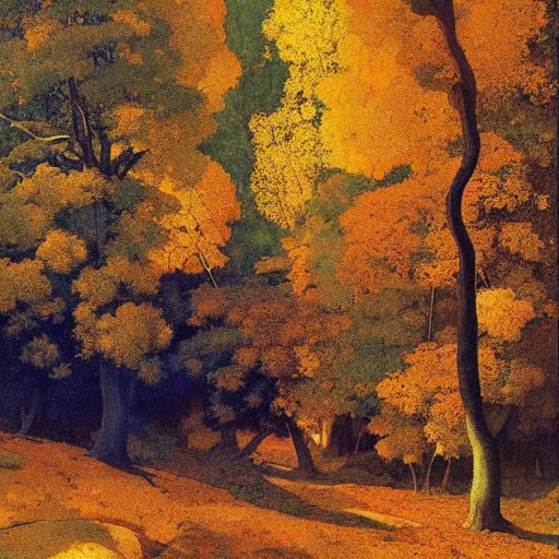 Image similar to Painting of a forest, by Maxfield Parrish, autumn, beautiful, extremely detailed