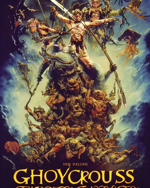 Image similar to Movie poster of Ghouls and Ghosts, Highly Detailed, Dramatic, A master piece of storytelling, wide angle, cinematic shot, highly detailed, cinematic lighting, by frank frazetta + ilya repin , 8k, hd, high resolution print