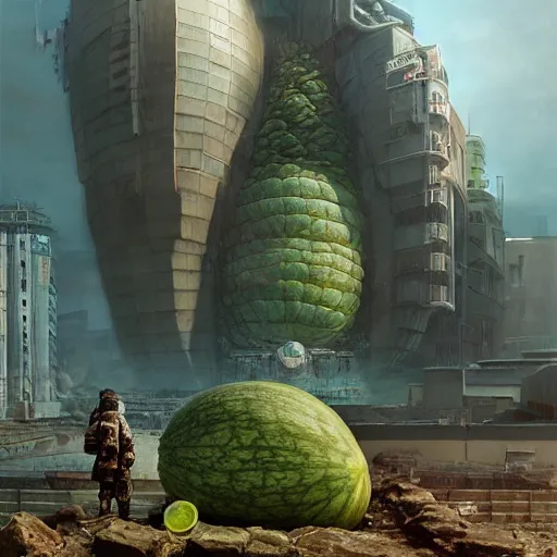 Prompt: Concept Digital Art Highly detailed giant Watermelon warlord protecting Ukrainian city by Stephen Hickman and Beeple. Very highly detailed 8K,Pentax 67, Kodak Portra 400 in style of Hiromasa Ogura Ghost in the Shell, the golden ratio, rational painting