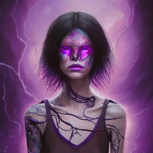 Image similar to detailed photo portrait of a furious teen girl with thin, hair-like purple tentacles on her head and bright purple eyes, 8k,by tristan eaton, Stanley Artgermm,Tom Bagshaw,Greg Rutkowski,Carne Griffiths,trending on DeviantArt, face enhance,hyper detailed ,full of colour, dramatic lightning