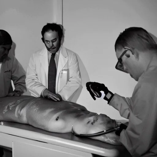Prompt: doctors performing an autopsy on a dead alien in a white room, black and white photo