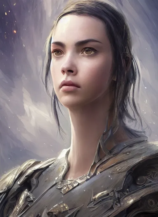 Image similar to a professional portrait of a beautiful young female, clothed in ethereal battle armor, olive skin, long dark hair, beautiful bone structure, symmetrical facial features, intricate, elegant, digital painting, concept art, smooth, sharp focus, finely detailed, illustration, from Valerian and the City of a Thousand Planets, in the style of Ruan Jia and Mandy Jurgens and Artgerm and Greg Rutkowski and William-Adolphe Bouguerea