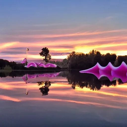 Prompt: dreamland blush colored sky with light feathery pink clouds on a reflective waveless flat open infinite lake mirroring the sky with a giant inflatable waterslide in the middle