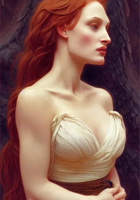 Image similar to sansa angeline jolie gessica chastain old mummy, intricate, elegant, highly detailed, digital painting, artstation, concept art, smooth, sharp focus, illustration, art by artgerm and greg rutkowski and alphonse mucha and william - adolphe bouguereau