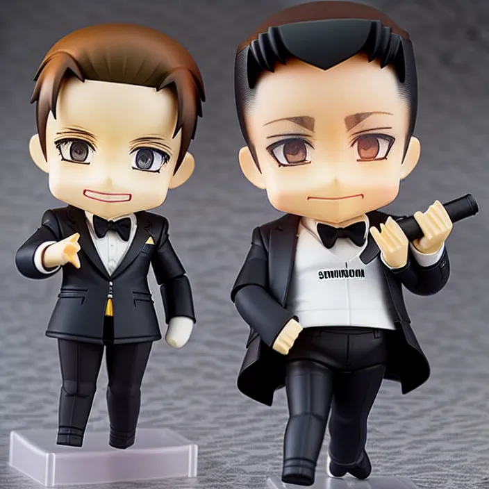 Image similar to a anime nendoroid of elon musk wear giorgio armani suits and black shoe, car tesla 3, figurine, smile, product photo, detailed