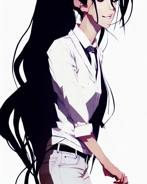 Prompt: a ultradetailed full body portrait of a woman dressed in a white shirt with a tie, detailed face, by conrad roset, greg rutkowski and makoto shinkai trending on artstation