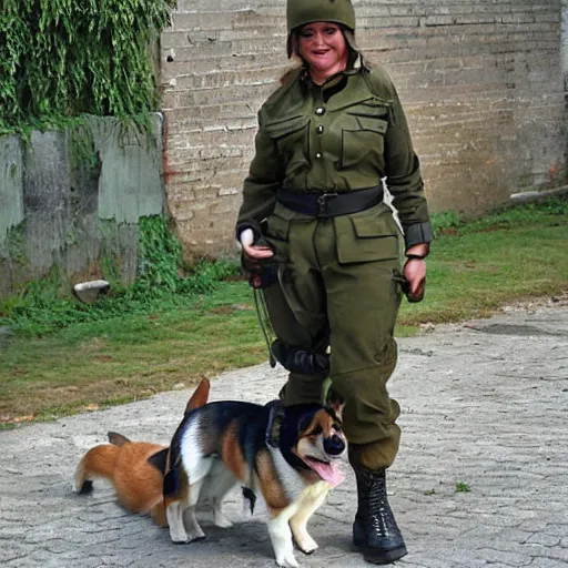 Image similar to female soldier with corgi sniffer dog, old photograph in sci-fi city digital art