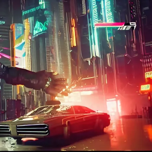 Image similar to trump as a leader to an evil corporation in cyberpunk 2 0 7 7, technological, movie footage, high - tech, still frame