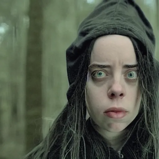 Prompt: found footage of Billie Eilish as the witch in The Blair Witch Project, movie still, horror