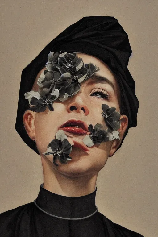 Prompt: hyperrealism extreme close-up portrait of young beautiful nun with black flowers covering face, wearing hyper detailed black clothes, in style of classicism