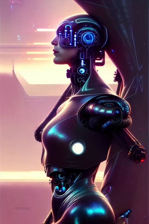 Image similar to ultra realistic, beautiful cyborg woman, sci-fi, fantasy, cyberpunk, intricate, elegant, highly detailed, digital painting, octane render, artstation, concept art, smooth, sharp focus, illustration, art by vincent di fate and michael welan and greg rutkowski and alphonse mucha