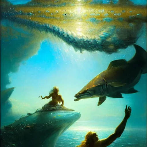 Image similar to point of view of deep in the ocean looking up, you see fishes, higher up you see the splendorous milk way illuminating the sea. highly detailed painting by gaston bussiere, greg rutkowski 8 k