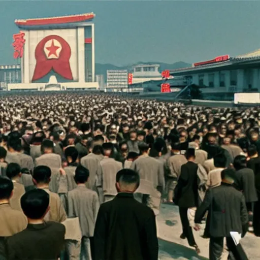 Image similar to cinematic shot of cybernetic kim il - sung standing in a street in pyongyang as a crowd of people cheer in the background, 8 k,