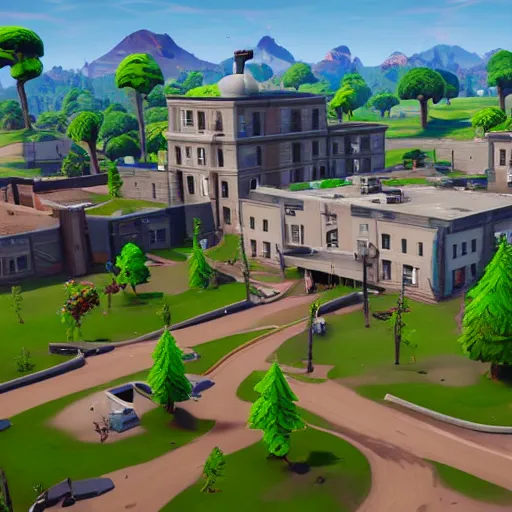 Prompt: fortnite polytechnic institute at tilted towers, on campus, suburban, 3 d render, unreal engine 4, high quality