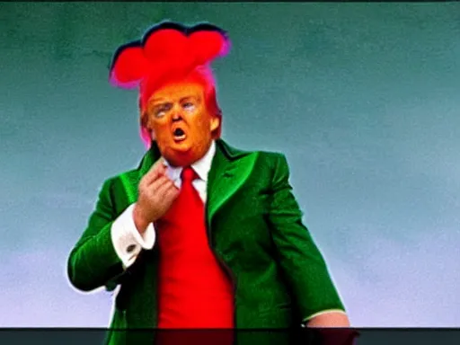 Image similar to donald trump as an oompa loompa with green hair, still from film chocolate factory 1 9 7 1