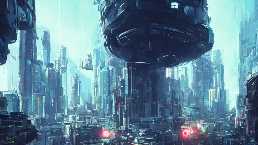 Prompt: giant robotic eye staring menacingly!!, cyberpunk city, by makoto shinkai, greg rutkowski, artstation, high detailed, cgsociety