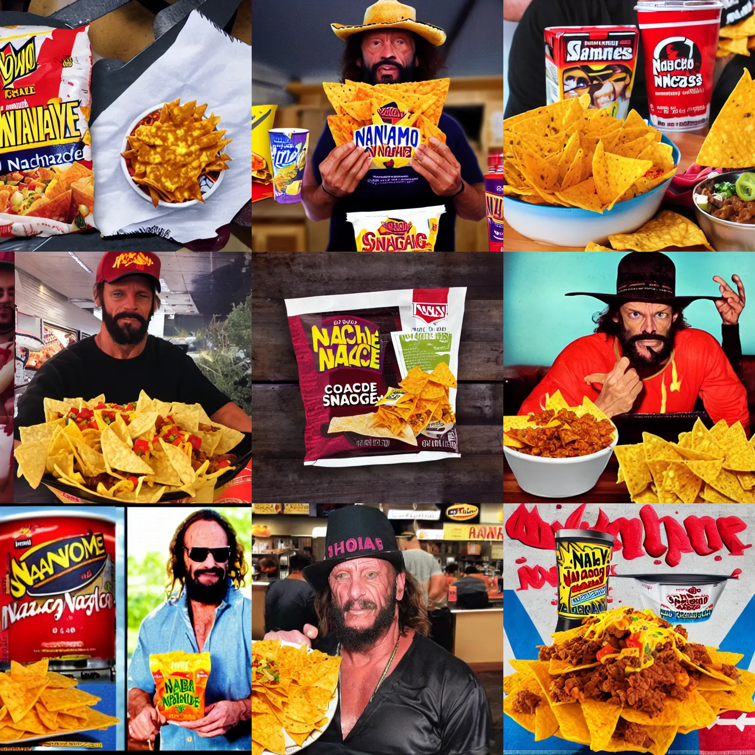 Prompt: Nacho Man Randy Savage, Nachos, product placement