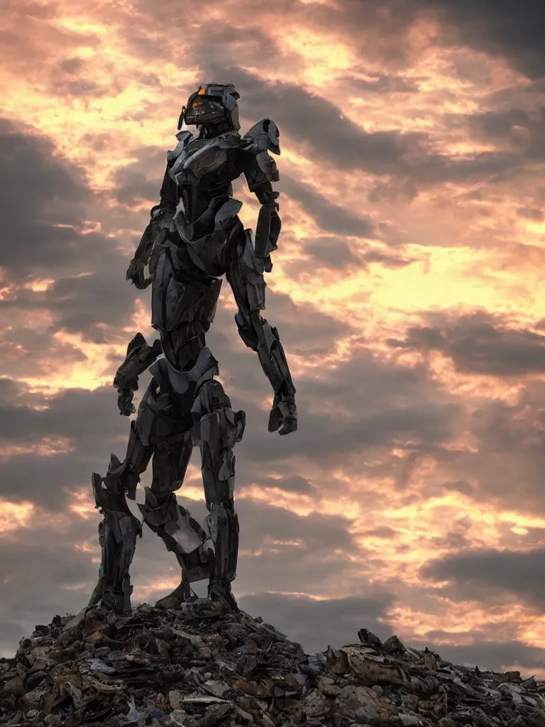 Image similar to emily blunt in futuristic power armor, solitary figure standing atop a pile of rubble, sunset and big clouds behind her