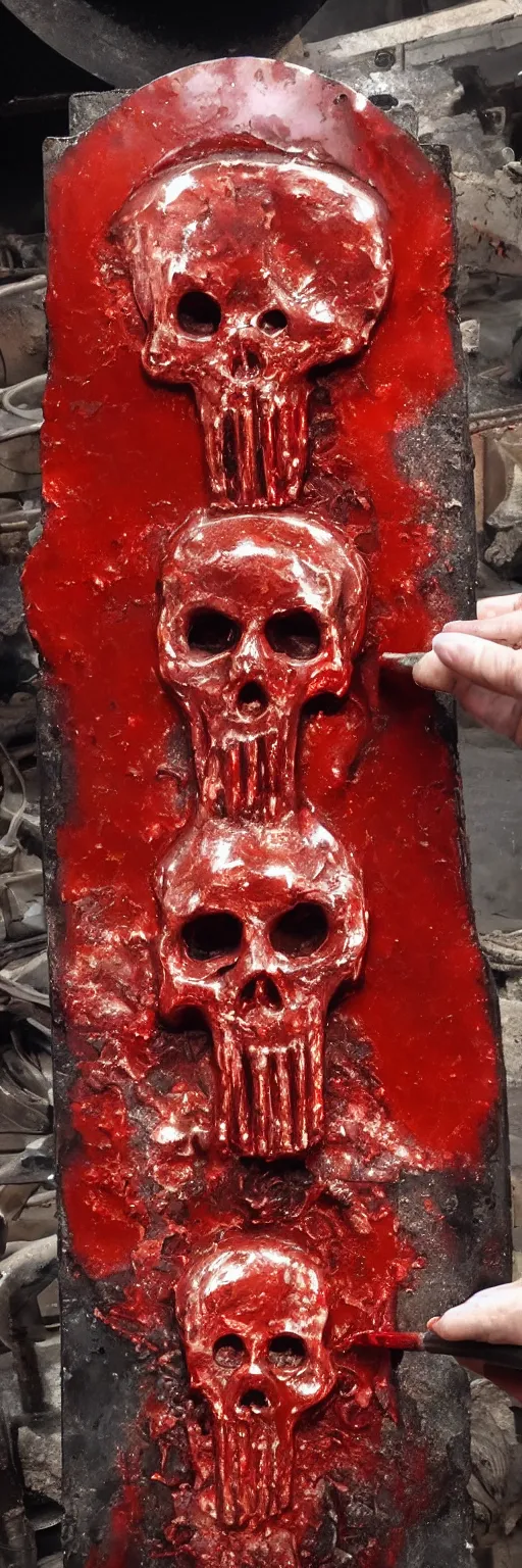 Image similar to molten red hot metal being poured into a mold in the shape of a punisher skull emblem. background is firey foundry. detailed, high art, intricate, artisan