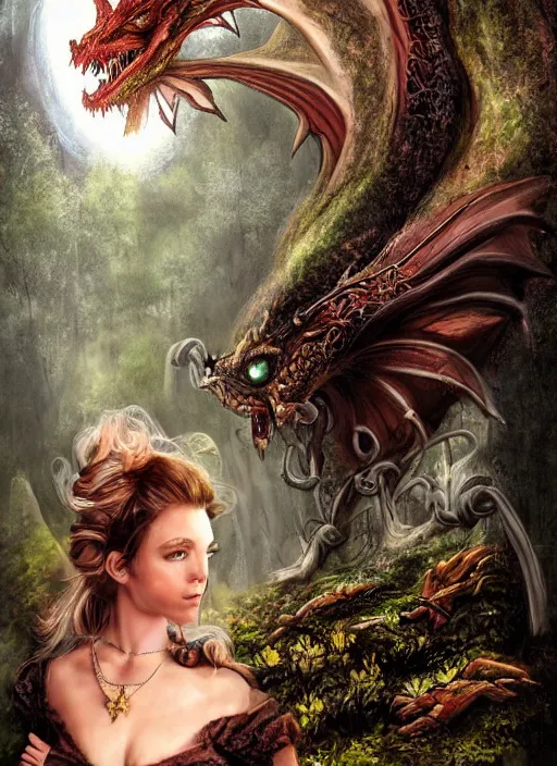 Image similar to movie poster, fantasy, kingdom in the woods, dragons, profile of a beautiful woman, fairies, magical, enchanting, nostalgic, by john alvin,