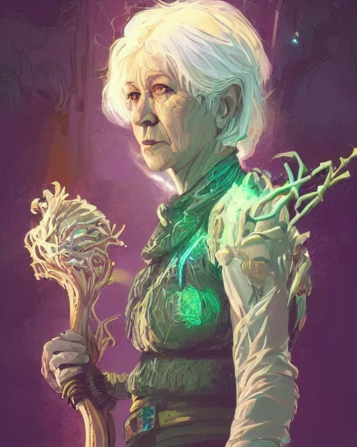 Prompt: a white-haired witch holding a gnarled staff, helen mirren, ancient wisdom, glowing iridescent accents, digital apex legends illustration portrait, gorgeous lighting, wide angle action dynamic portrait, art by Josan Gonzalez, bright colors, green and gold palette, high contrast