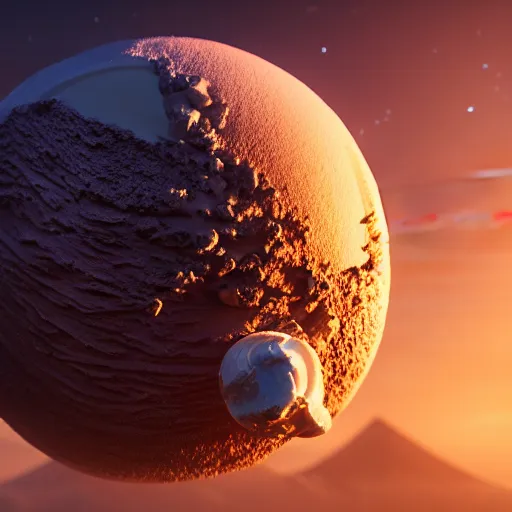 Image similar to a realistic planet made of icecream with sea of milk and chocolate mountains, super realistic, unreal engine, octane render, 8 k