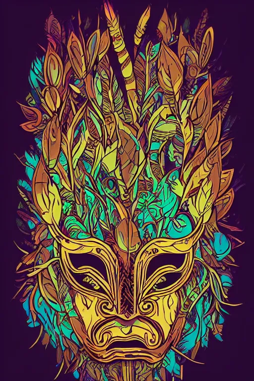 Image similar to animal mask totem roots flower tribal feather gemstone plant wood rock shaman vodoo video game vector cutout illustration vivid multicolor borderlands comics by josan gonzales and dan mumford radiating a glowing aura