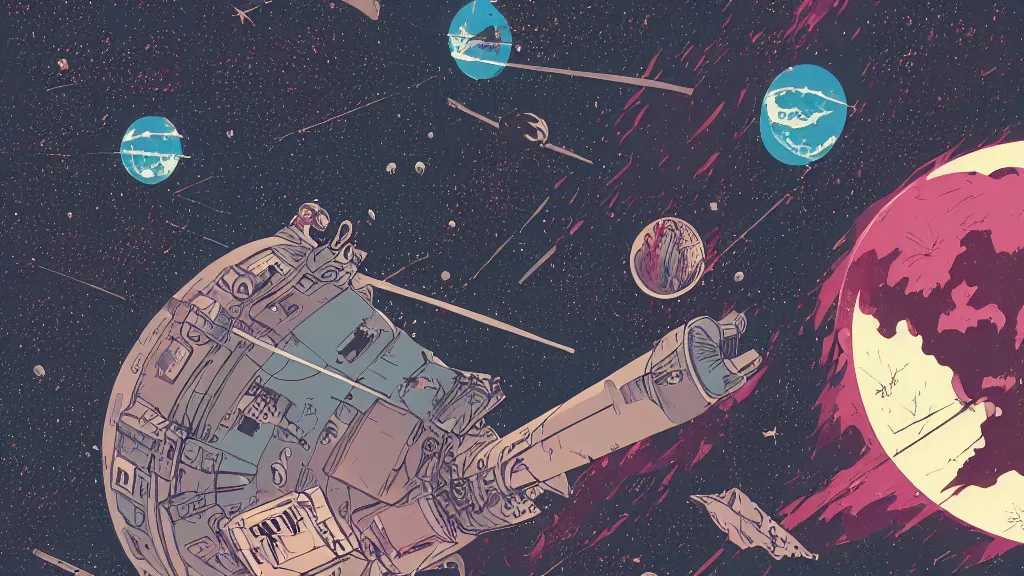 Prompt: very detailed, prophet graphic novel, ilya kuvshinov, mcbess, rutkowski, simon roy, illustration of a space junk floating in space around a dead planet, wide shot, colorful, deep shadows, astrophotography